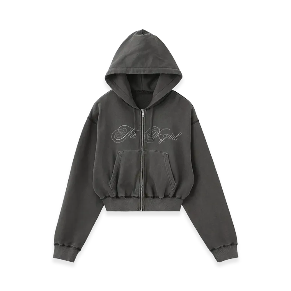 X-Girl Women's Pigment Dyed Script Logo Compact Zip Up Sweat Hoodie "Black"