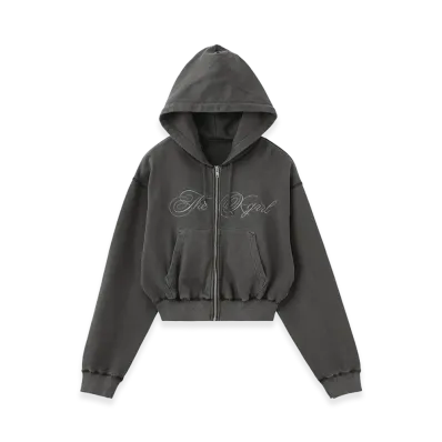 X-Girl Women's Pigment Dyed Script Logo Compact Zip Up Sweat Hoodie "Black"