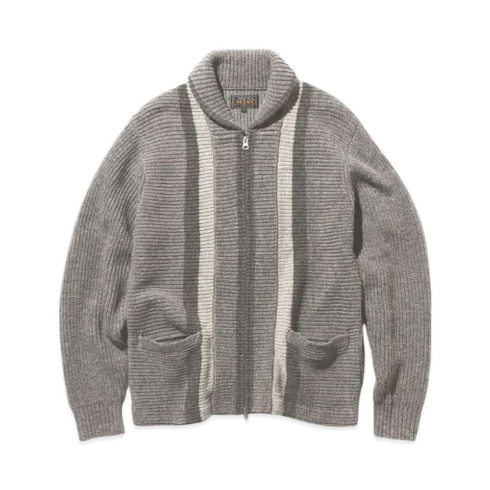 BEAMS Full Zip Shawl Collar Knit "Gray"