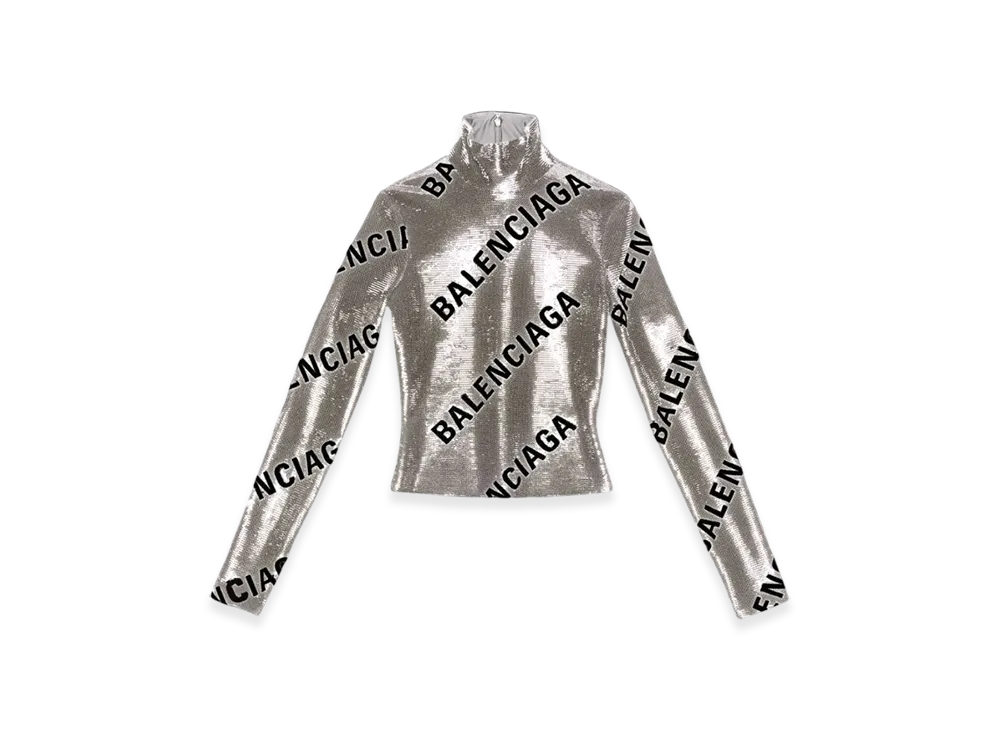 BALENCIAGA Women's Allover Logo Embroidered Long Sleeve Top "Silver"