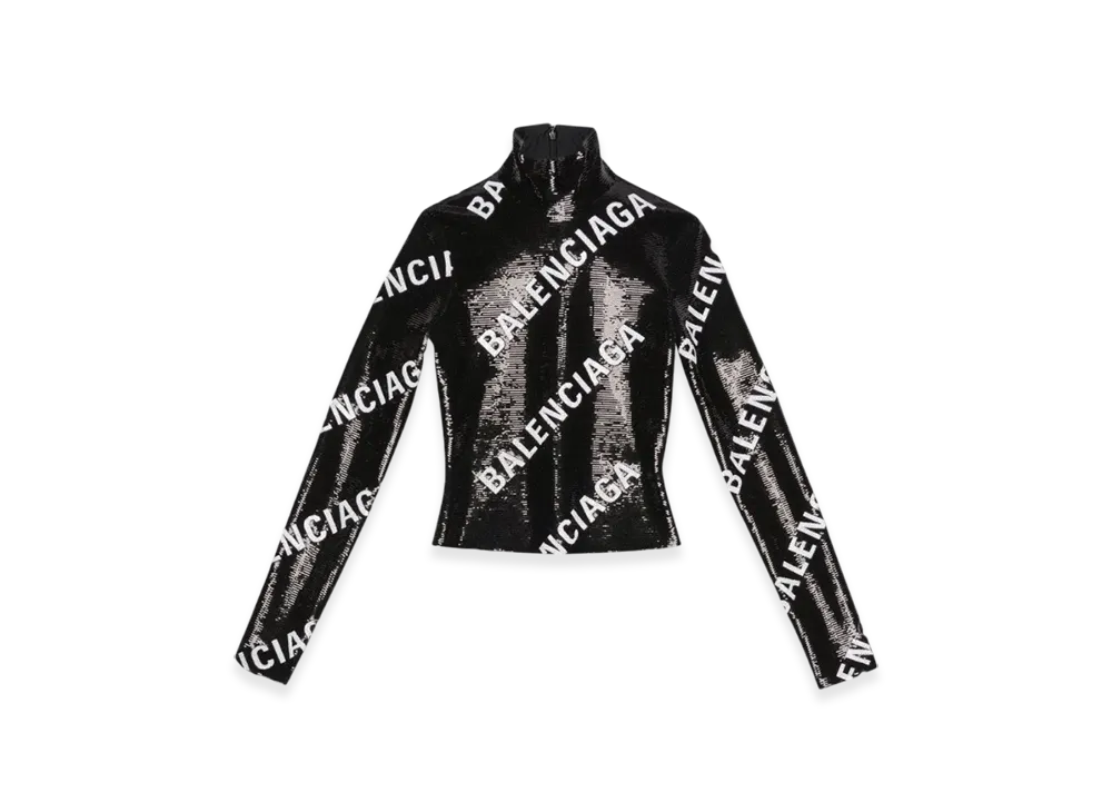 BALENCIAGA Women's Allover Logo Embroidered Long Sleeve Top "Black"