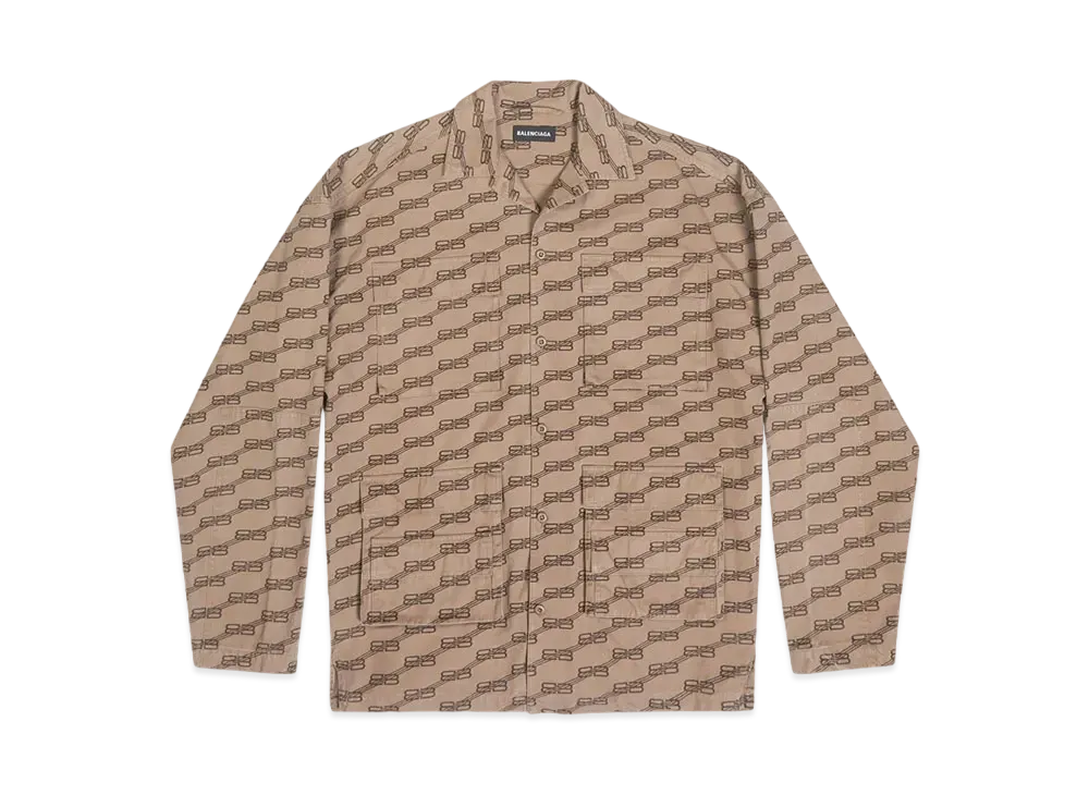BALENCIAGA MENS BB Monogram Cargo Shirt "Beige/Brown"
