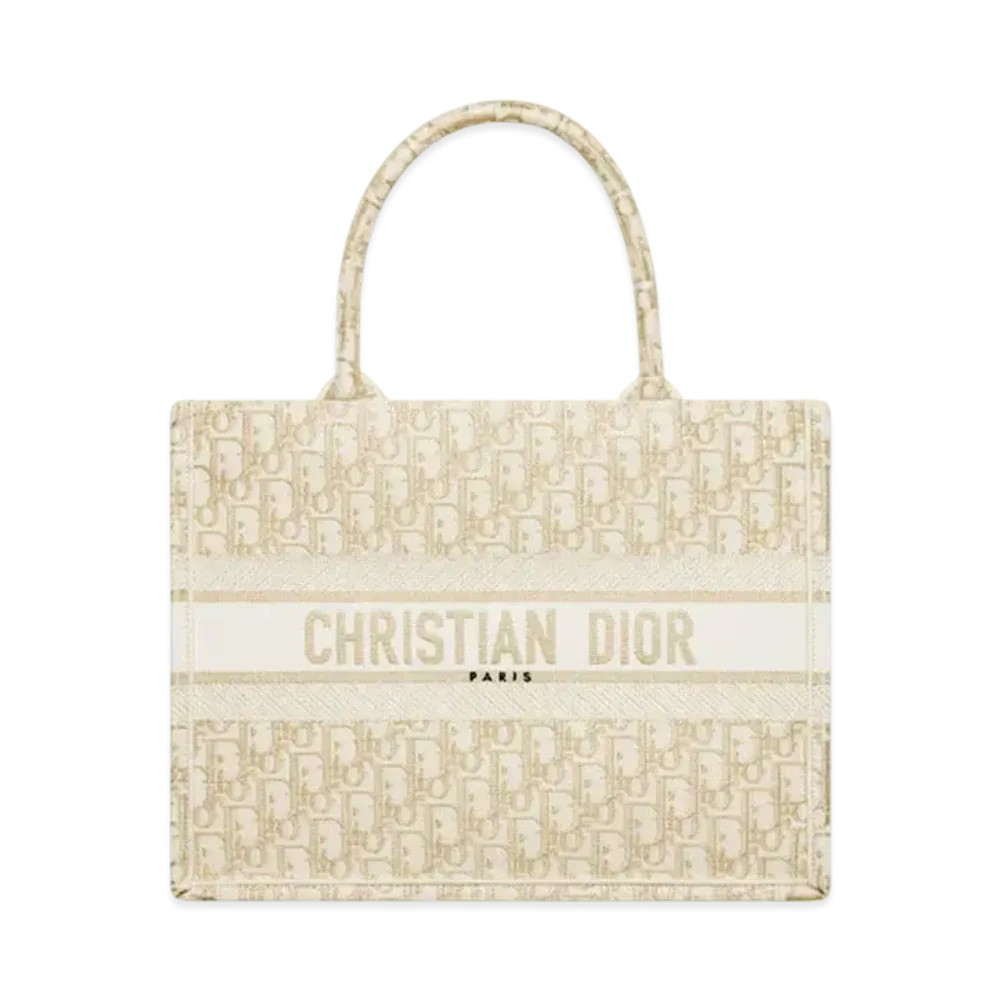 Dior Medium Dior Book Tote Dior Oblique Embroidery (36 x 27.5 x 16.5cm) "White/Gold"