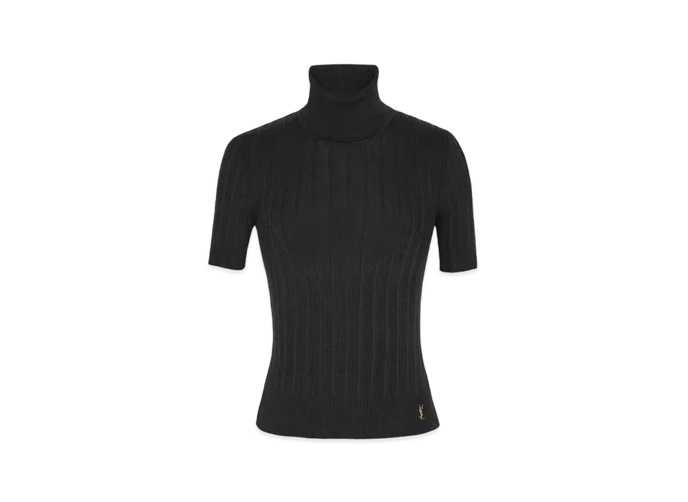 Saint Laurent Women's Top Cassandre in Ribbed Silk "Noir"