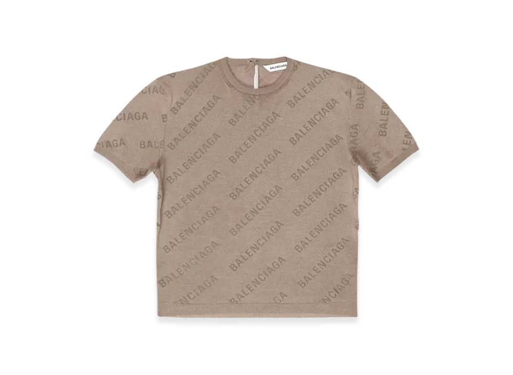 BALENCIAGA Women's Mini Allover Logo Short Sleeve Crop Sweater "Beige"