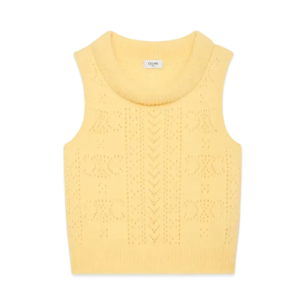CELINE Women's Cowl Neck Sweater in Pointelle Cashmere "Pale Yellow"