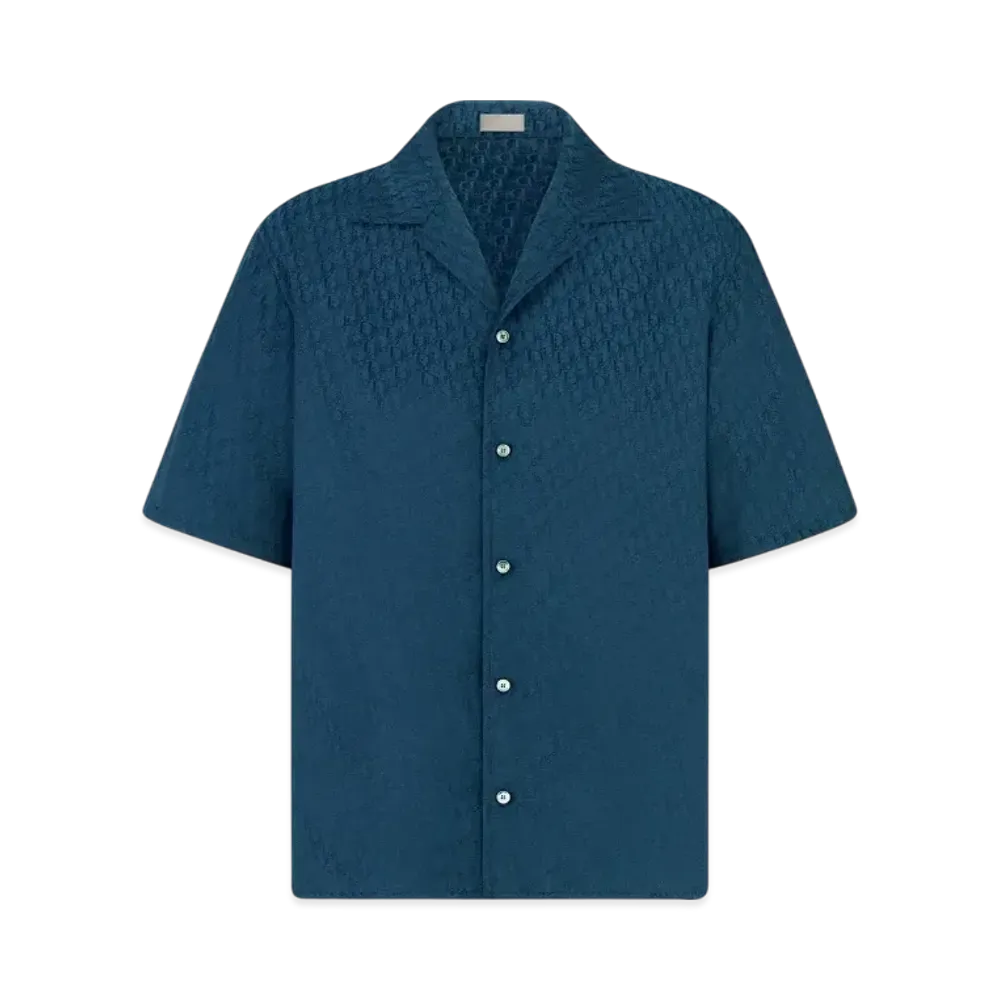 Dior Men's Dior Oblique Short-Sleeved Shirt Silk and Cotton Jacquard "Navy Blue"