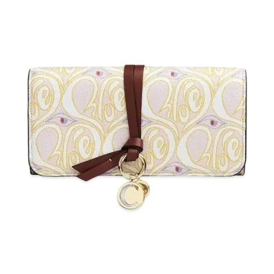 Chloe Women's Alphabet Long Wallet For With Flap In "Hearty"Floral Prints On Grained & Shiny Calfskin "Yellow/Pink"
