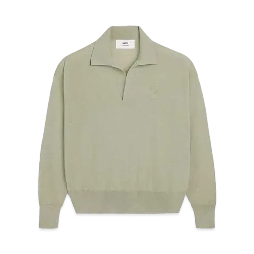 AMI PARIS Extra Fine Merino Wool Polo Shirt "Heather Sage"