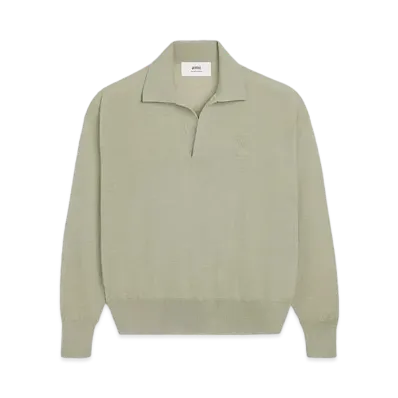 AMI PARIS Extra Fine Merino Wool Polo Shirt "Heather Sage"