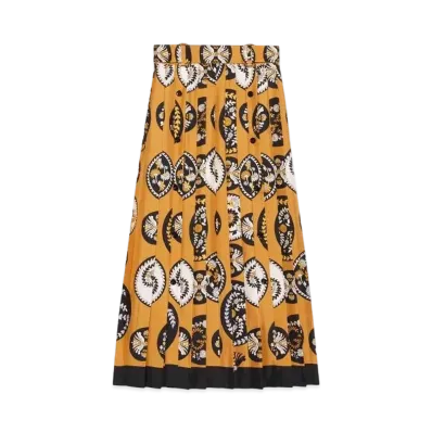 GUCCI GG Paisley Circle Print Pleated Silk Skirt "Camel/Black"