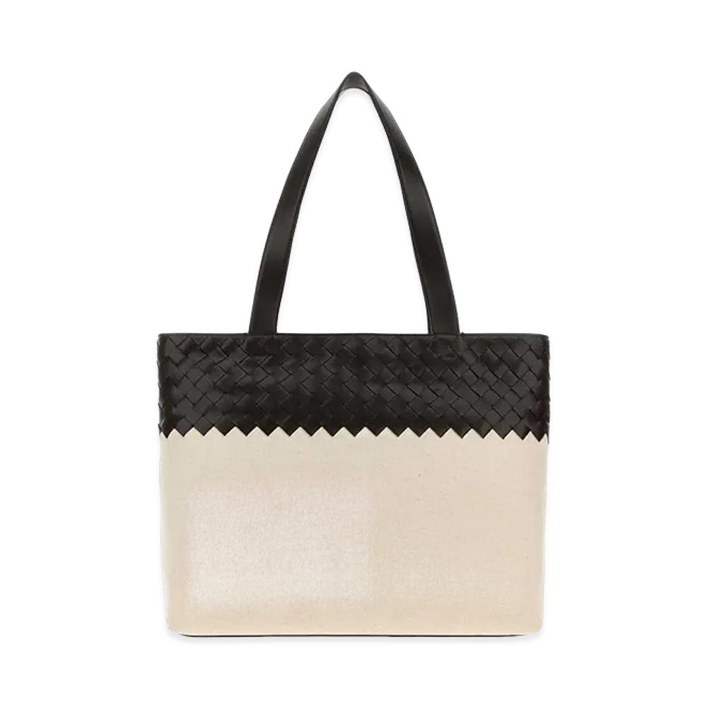 Bottega Veneta Two-Tone Leather And Canvas Intrecciato Shopping Bag "Beige/Black"