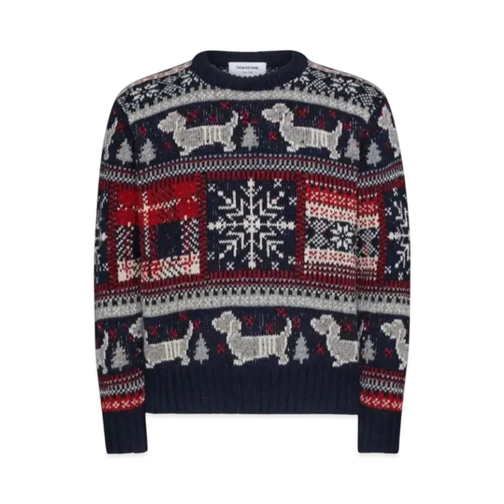 THOM BROWNE Holiday Hector Mohair Tweed Crew Neck Pullover "Blue"