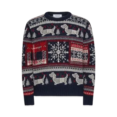 THOM BROWNE Holiday Hector Mohair Tweed Crew Neck Pullover "Blue"