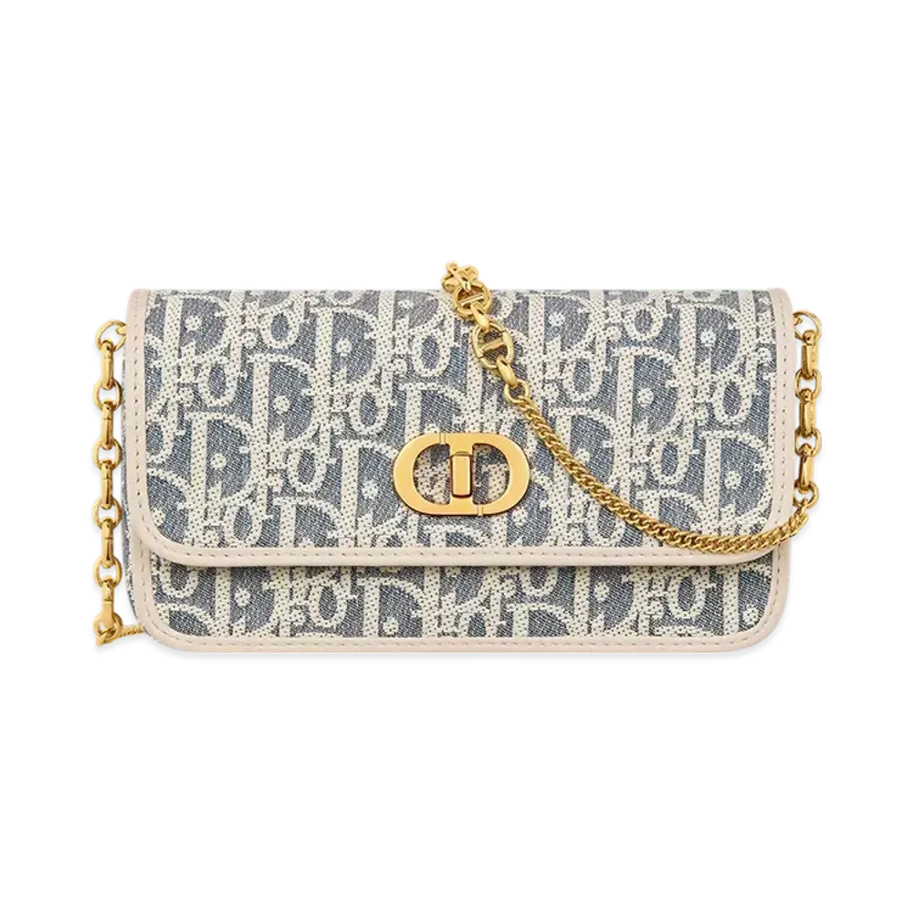 Dior Small Miss Caro Pouch with Chain Dior Oblique Chambray with Raffia Effect and Smooth Calfskin "Blue/Light Biscuit"