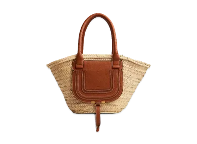 Chloe Medium Marcie Basket Bag In Hand Braided Raffia & Small Grain Calfskin "Tan"