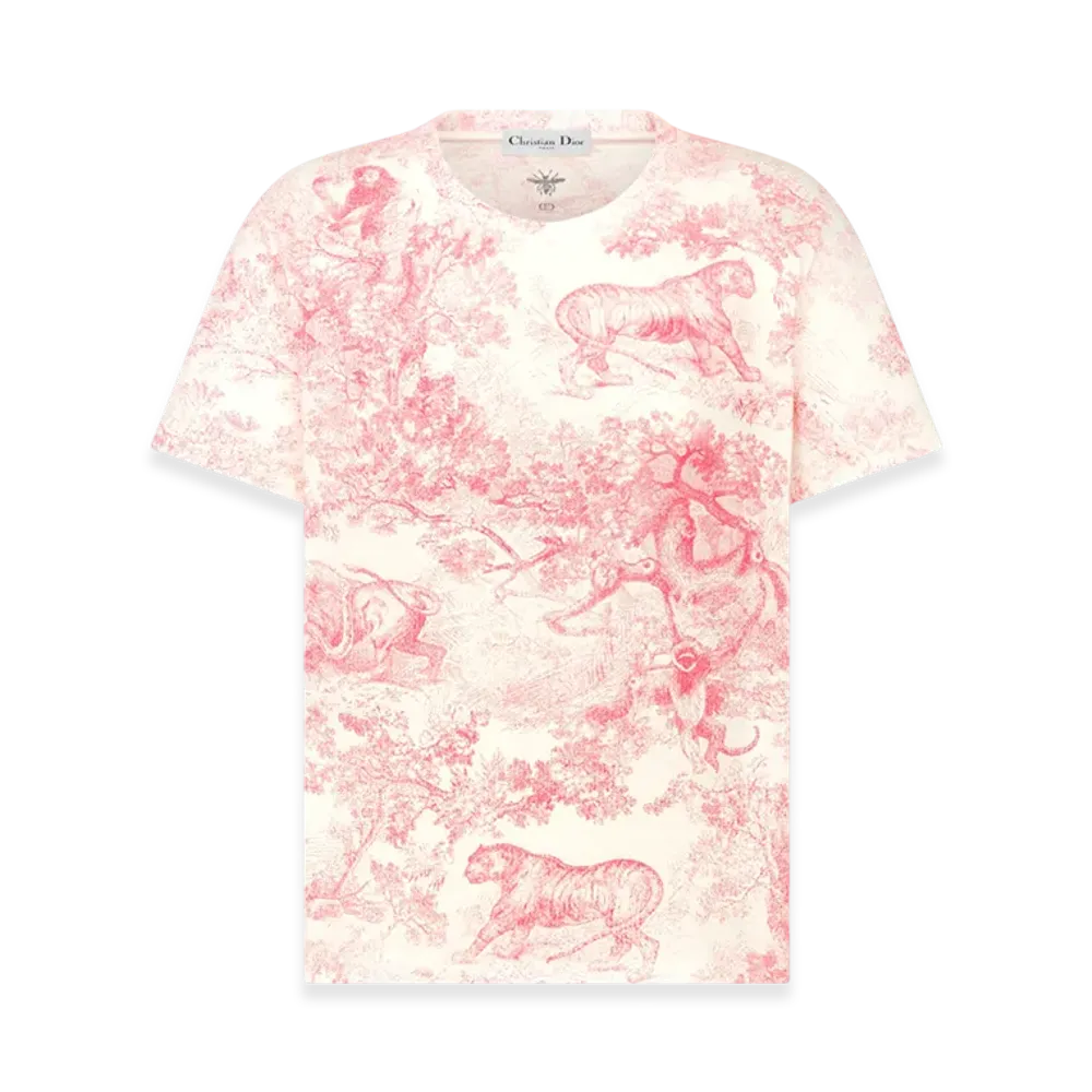 Dior Women's Cotton and Linen Jersey with Toile De Jouy Sauvage Motif Dioriviera T-Shirt "White/Candy Pink"