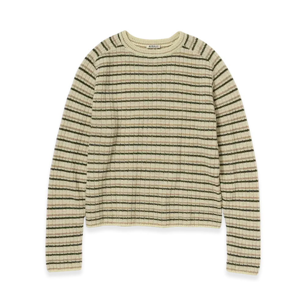 AURALEE Shetland Wool Cashmere Rib Knit P/O "Beige Stripe"