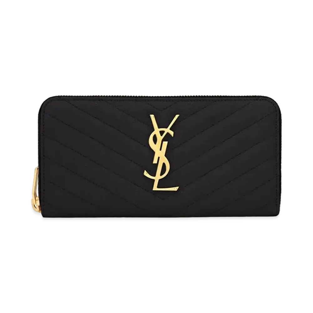 Saint Laurent Monogram Zip Around Wallet In Grain De Poudre Embossed Leather "Black"