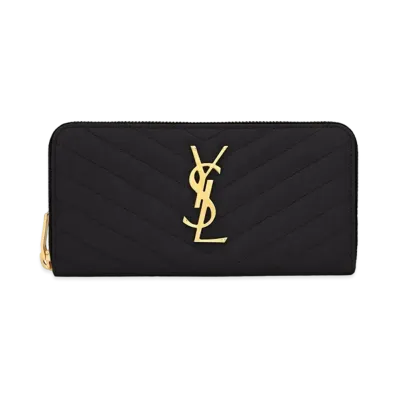 Saint Laurent Monogram Zip Around Wallet In Grain De Poudre Embossed Leather "Black"