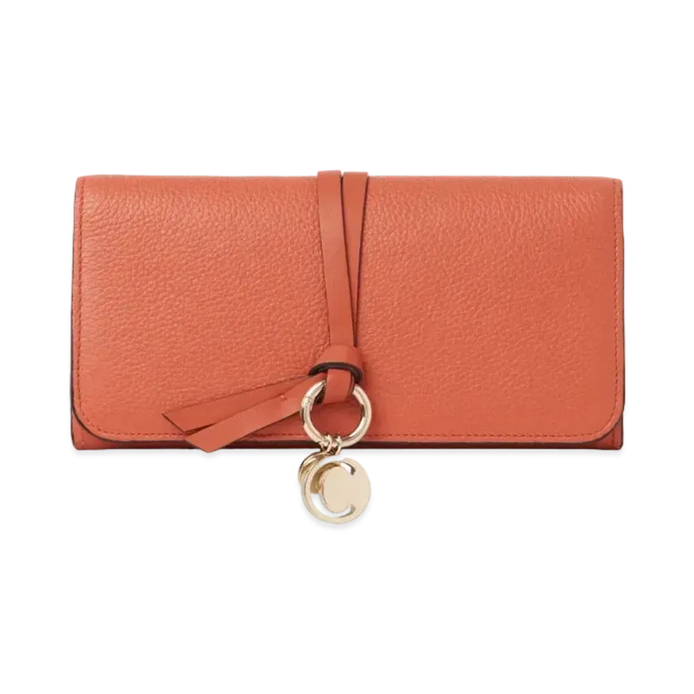 Chloe Women's Alphabet Long Wallet For With Flap In Grained & Shiny Calfskin "Auburn Orange"