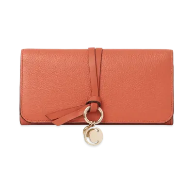 Chloe Women's Alphabet Long Wallet For With Flap In Grained & Shiny Calfskin "Auburn Orange"