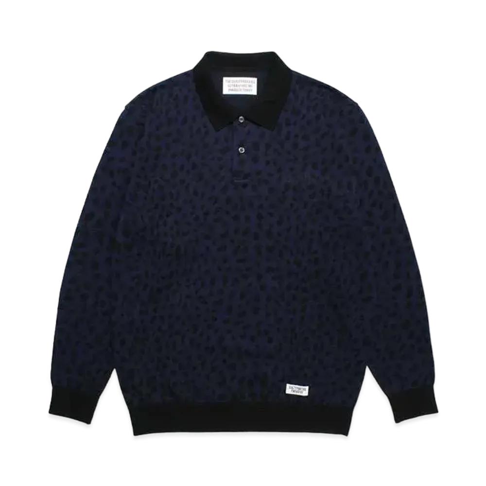 WACKO MARIA Leopard Knit Jacquard Polo Shirt "Navy"