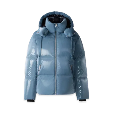 MACKAGE Kent-Glo High-Gloss Removable Hooded Down Jacket "Provincial Blue"