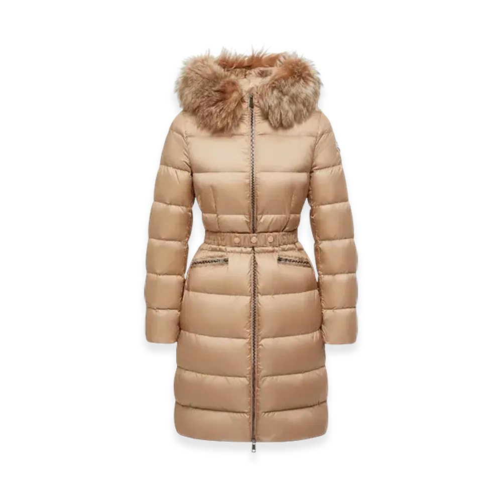 MONCLER Boedic Hooded Shearling-Trimmed Long Down Jacket "Beige"