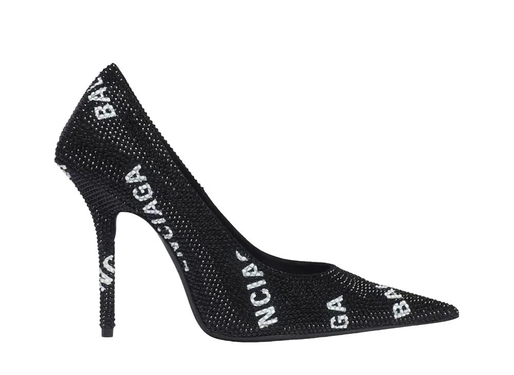 BALENCIAGA Women's Square Knife 110mm Pump With Allover Logo Rhinestones "Black"