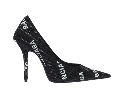 BALENCIAGA Women's Square Knife 110mm Pump With Allover Logo Rhinestones "Black"