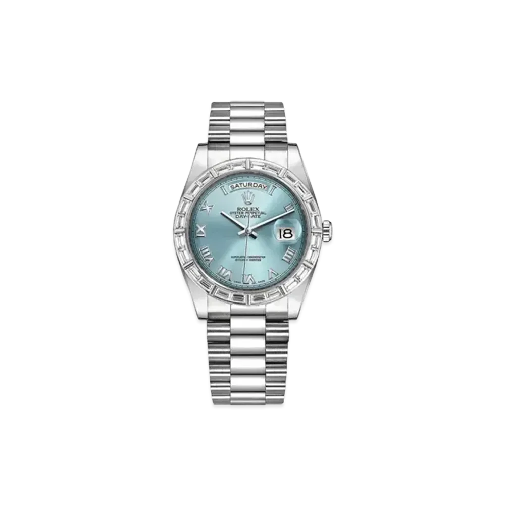 ROLEX Day-Date 36mm Oyster Perpetual Baguette-Cut Diamonds Bezel "Ice Blue/Roma" 118366