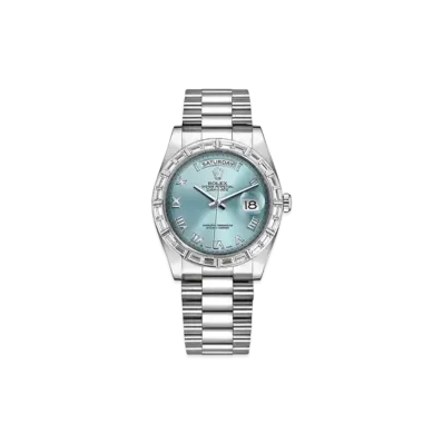 ROLEX Day-Date 36mm Oyster Perpetual Baguette-Cut Diamonds Bezel "Ice Blue/Roma" 118366