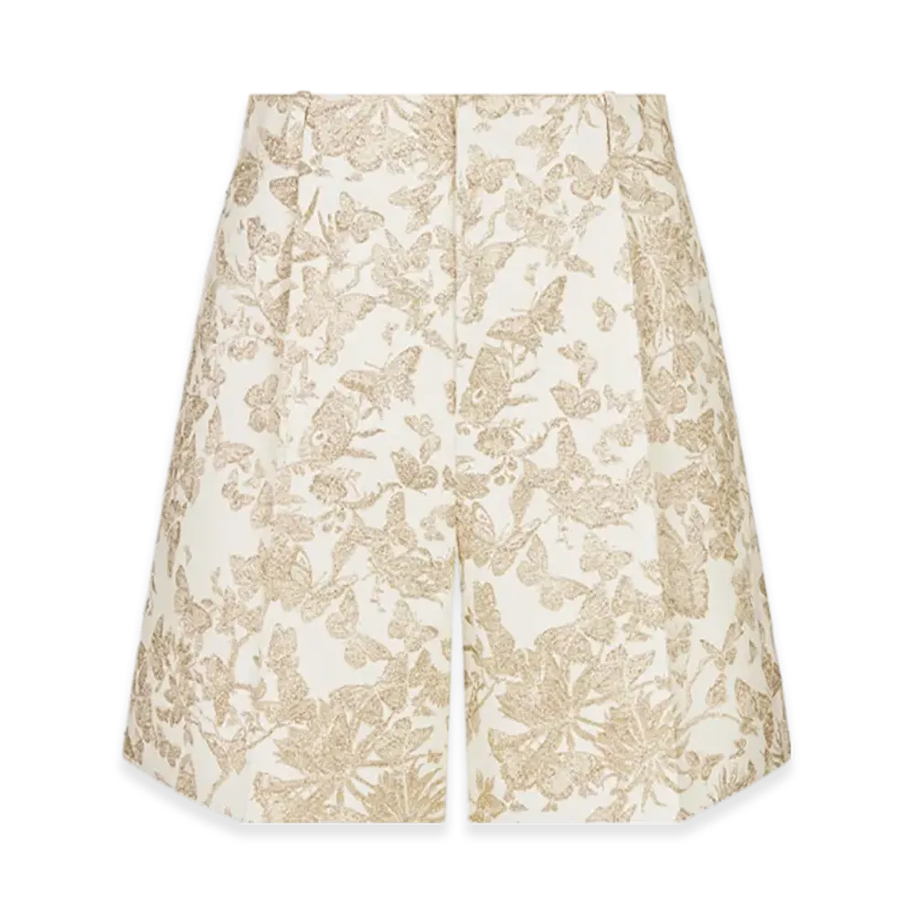 Dior Women's Pleated Shorts Technical Jacquard Allover Butterfly Motif "White/Gold"