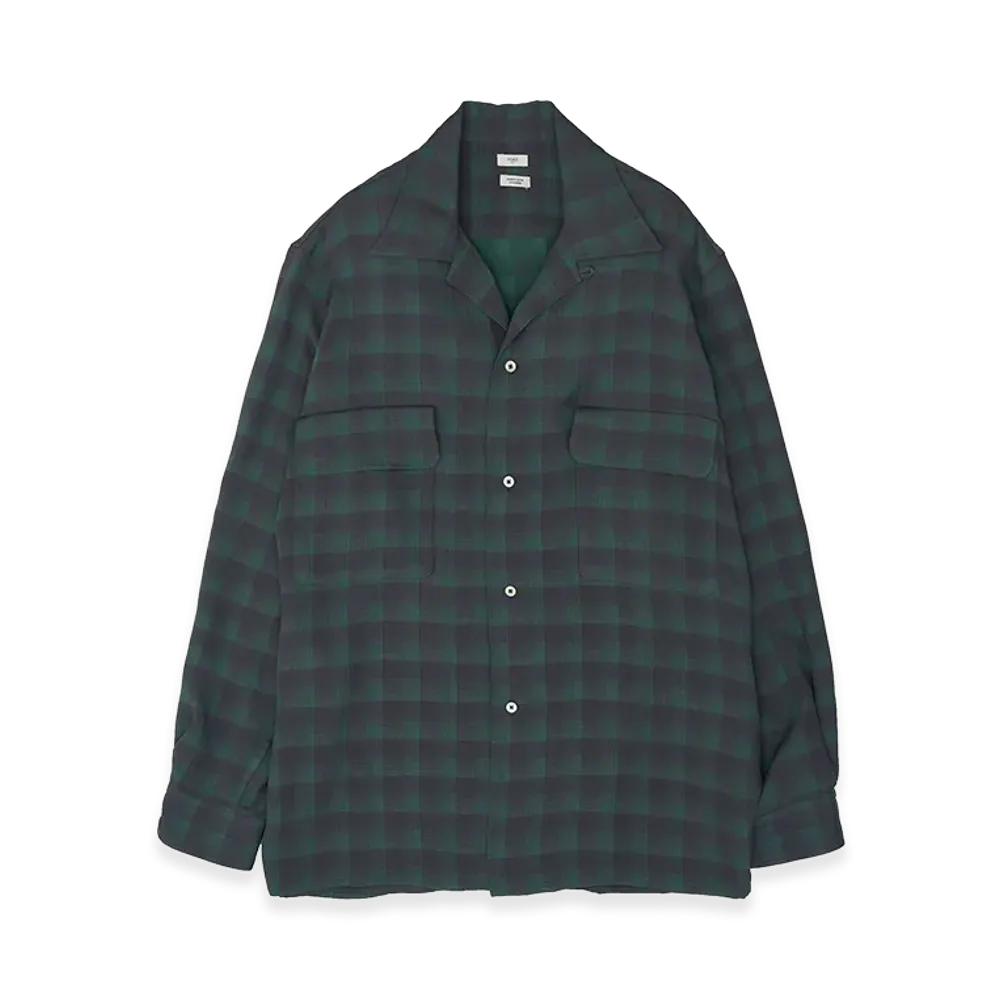 YOKE Rayon Acetate Jacqard Plaid Open Collar Shirt "Green"