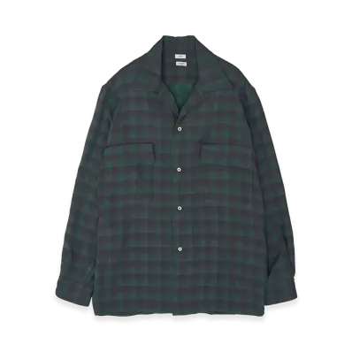 YOKE Rayon Acetate Jacqard Plaid Open Collar Shirt "Green"