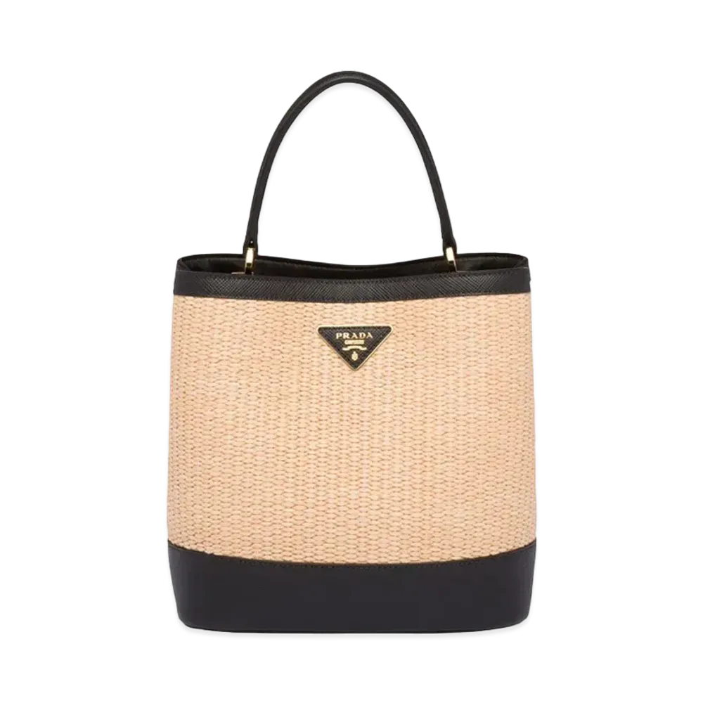 PRADA Panier Medium Straw Bag "Beige/Black"