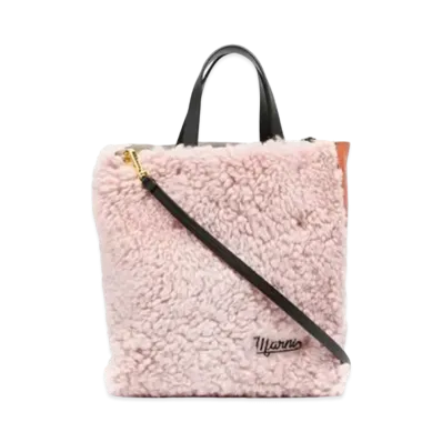 Marni MUSEO Soft Bag in Shearling and Calfskin with Embroidered Logo