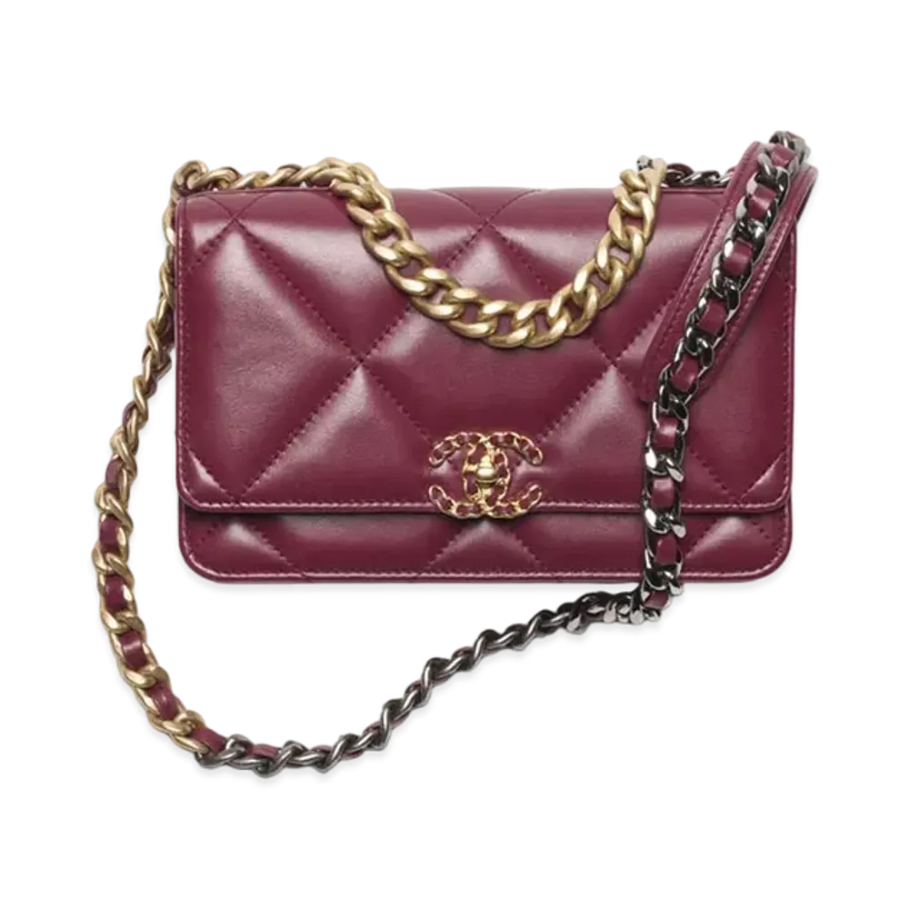 CHANEL 19 Wallet On Chain Shiny Lambskin Gold Tone Silver Tone & Ruthenium Finish Metal "Burgundy"