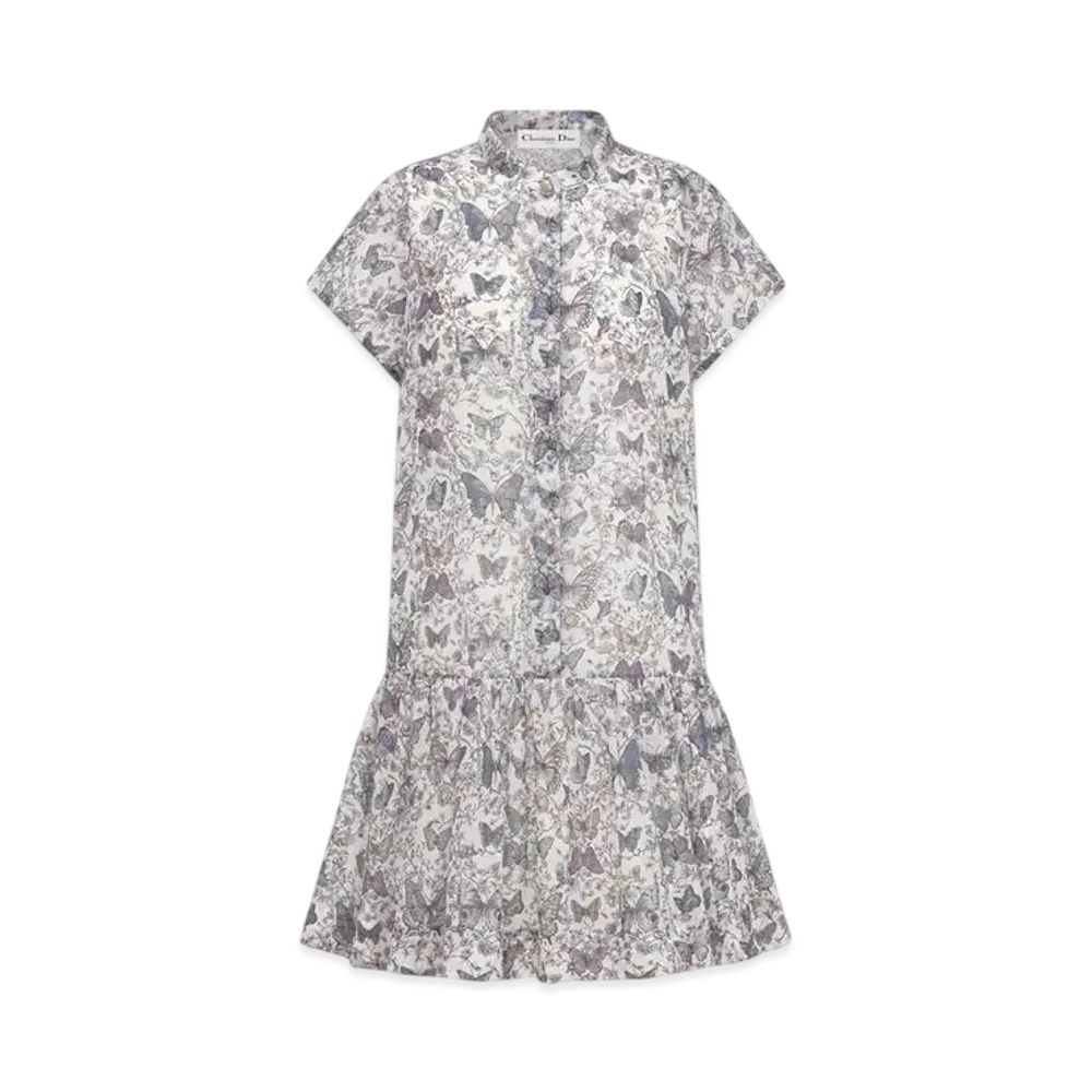 Dior Women's Short Dress White Cotton Muslin with Toile de Jouy Papillon Motif "Ecru White"