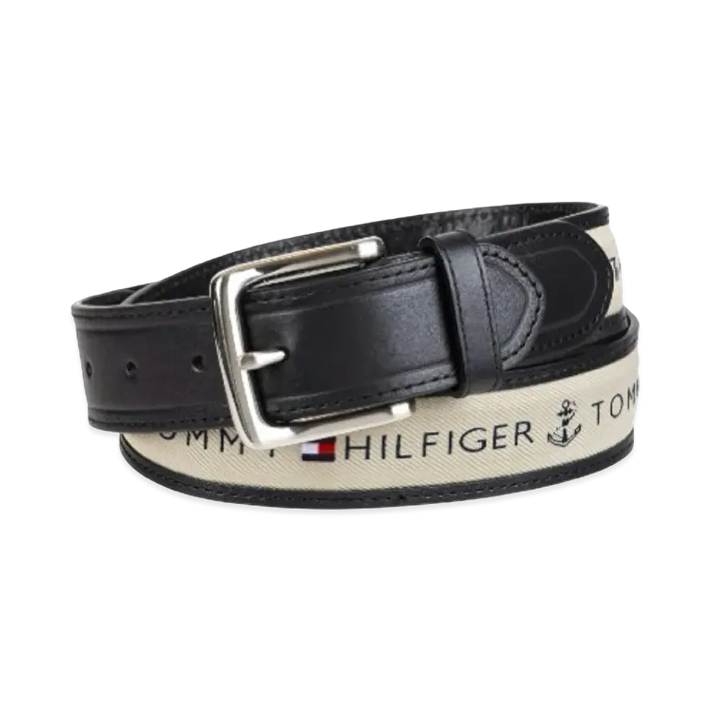 TOMMY HILFIGER Anchor Logo Ribbon Inlay Leather Belt "Natural"