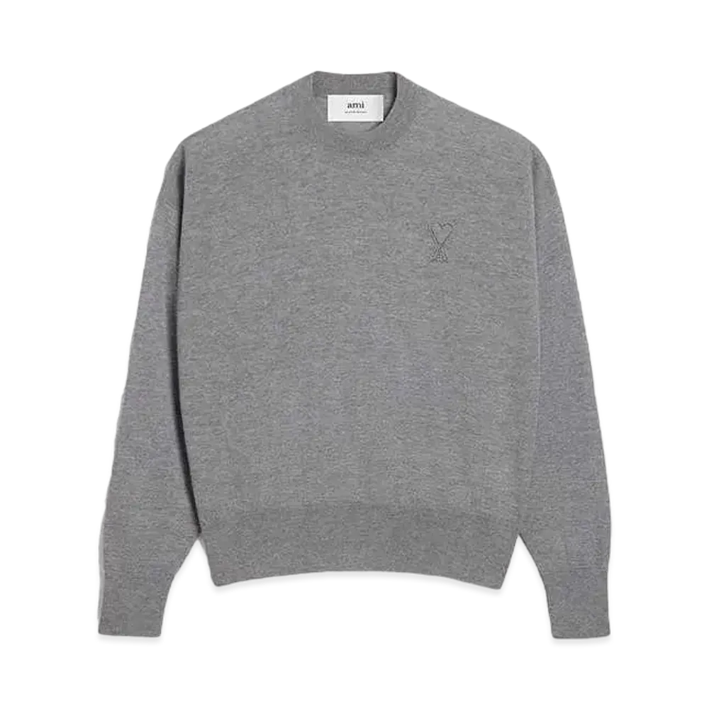AMI PARIS Extra Fine Merino Wool Crew Neck Sweater "Heather Gray"