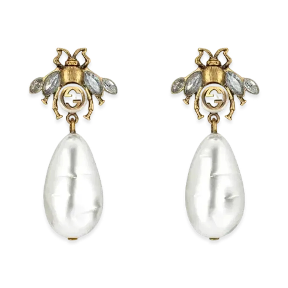 GUCCI Bee Earrings With Drop Pearls