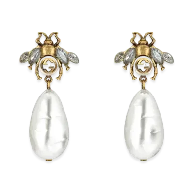 GUCCI Bee Earrings With Drop Pearls