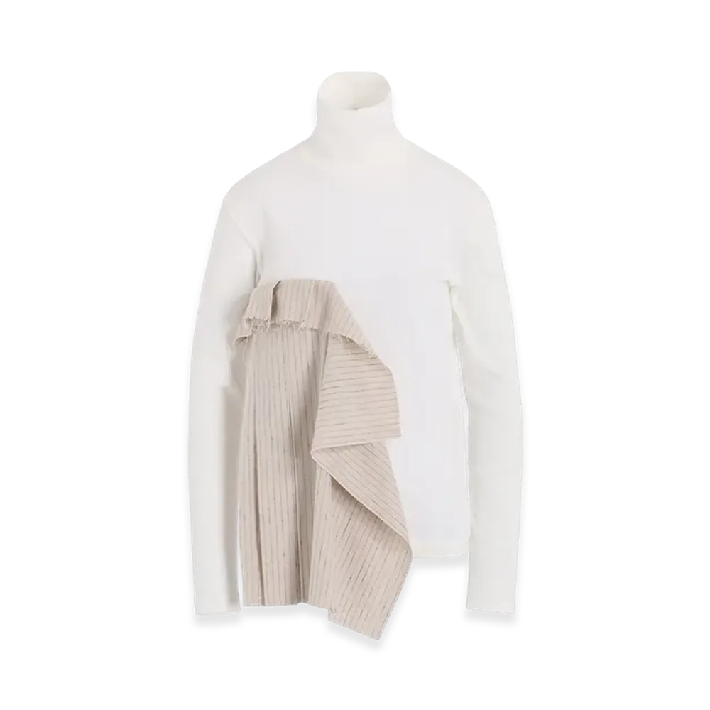S'YTE Cotton Rib Jersey Long-Sleeved High-Neck T-Shirt With Pleated Stripes Fabric "Offwhite"