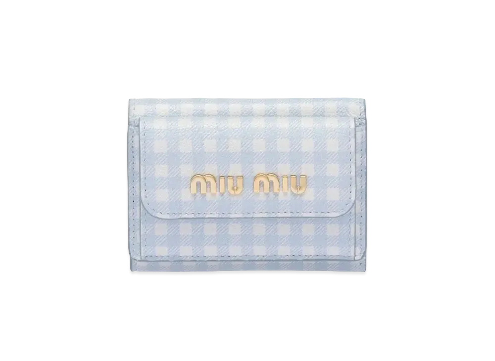MIU MIU Small Printed Madras Leather Wallet "Sky Blue/White"