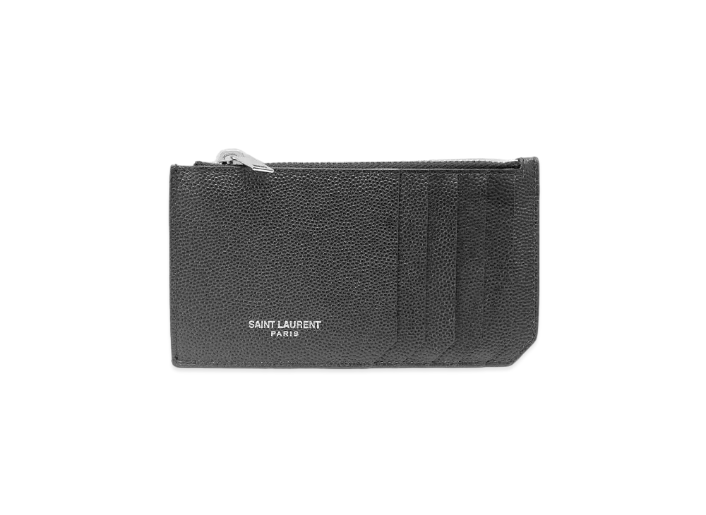 Saint Laurent Fragments Zipped Card Case In Grain De Poudre Embossed Leather "Black"
