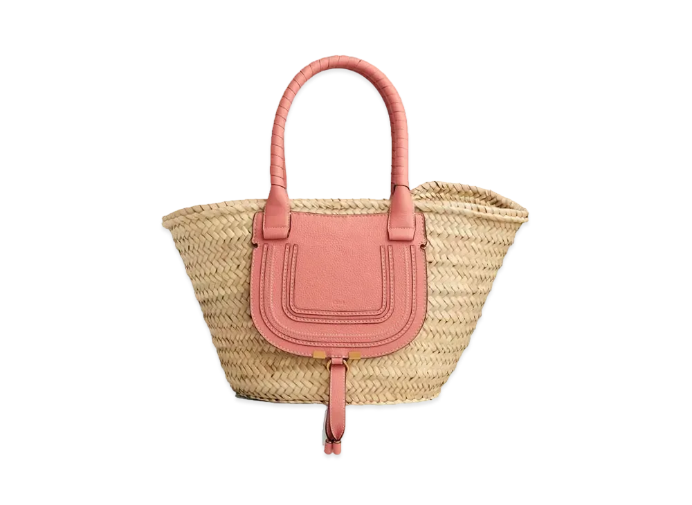 Chloe Medium Marcie Basket Bag In Hand Braided Raffia & Small Grain Calfskin "Coral"