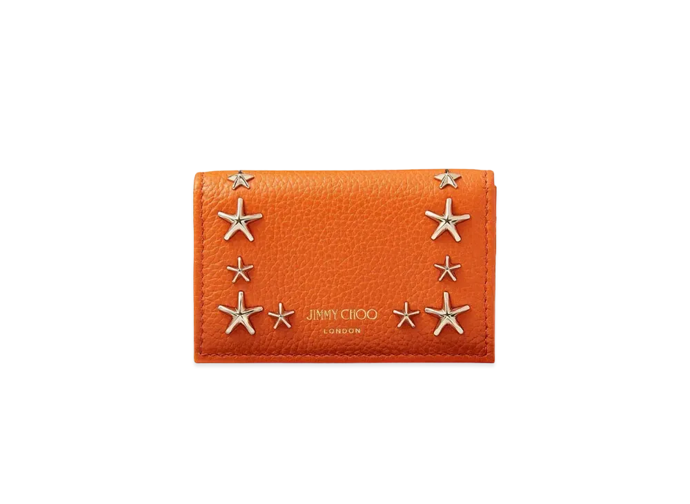 JIMMY CHOO NELLO Soft Grainy Calf Leather Card Case With Star Studs "Amber Orange"
