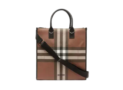 BURBERRY Check & Leather Tote "Dark Bachi Brown"